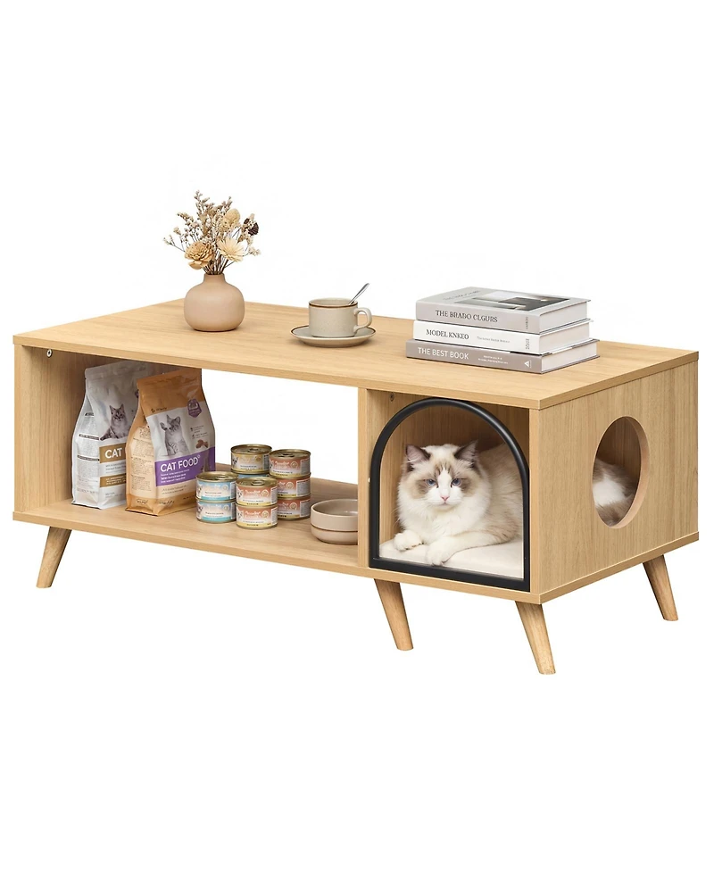 Gymax 40'' Coffee Table w/ Cat House 2-in-1 Farmhouse Cat Furniture Coffee Table