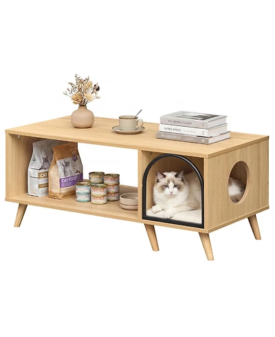 Gymax 40'' Coffee Table w/ Cat House 2-in-1 Farmhouse Cat Furniture Coffee Table