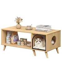 Gymax 40'' Coffee Table w/ Cat House 2-in-1 Farmhouse Cat Furniture Coffee Table