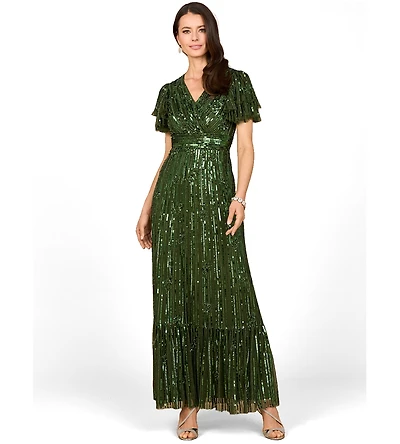 Lara Women's Elegant Beaded Gown with Flutter Sleeves