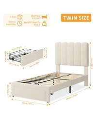 homfan Set of 2 Twin Bed Frame with Under-Bed Drawer, Velvet Upholstered Platform Bed with Wave Headboard for Boys/Girls, Wooden Slats Support