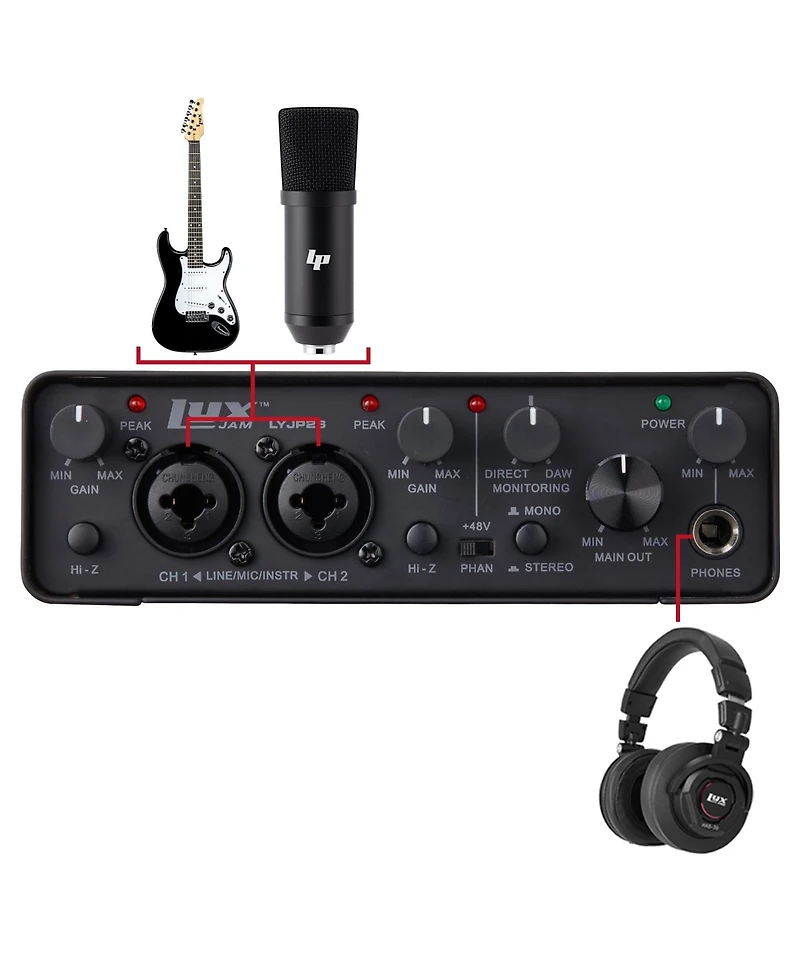 Lyxjam 2x2 Usb Audio Interface Studio Bundle - Asio DriverEris 3.5 Monitors, Bluetooth Midi Pad, Mic and Headphones
