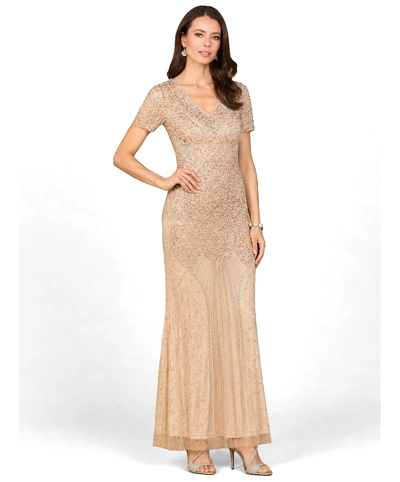 Lara Women's Short Sleeve Sheath Beaded Gown