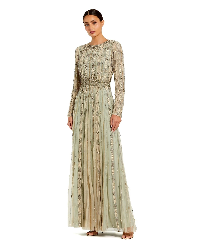 Mac Duggal Women's Embellished Mesh Long Sleeve Evening Gown
