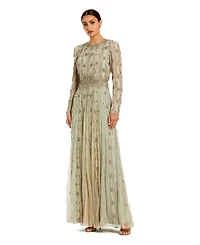 Mac Duggal Women's Embellished Mesh Long Sleeve Evening Gown