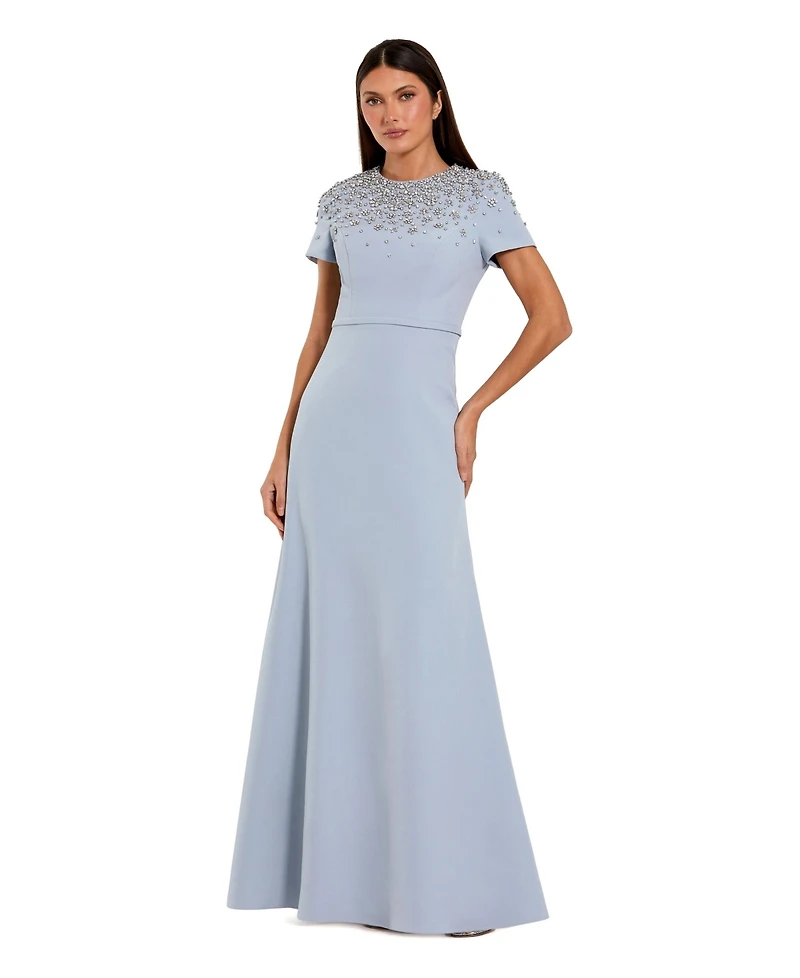 Mac Duggal Women's Crystal Embellished Short Sleeve Crepe Gown
