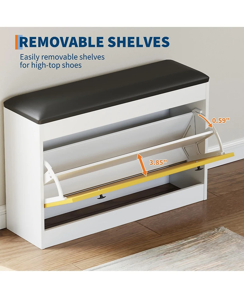 homfan Shoe Storage Bench, Shoe Organizer Bench with Flip Drawer and Pu Cushion, Modern Entryway Shoe Cabinet for Hallway, Bedroom, Living Room
