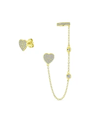 Bling Jewelry Heart Shaped Chain Cartilage Ear Cuff Wrap Earring Pave Cz Stud Helix Earring Stud Set Gold Plated Sterling Silver