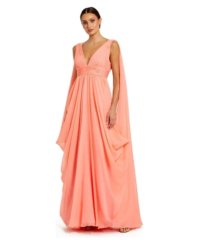 Mac Duggal Women's Pleated V-Neck Chiffon Cape Gown