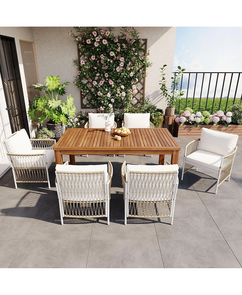 Asagikoiai 7-Piece Outdoor Dining Set with Acacia Table and Cushioned Rattan Armchairs