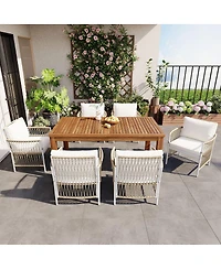 Asagikoiai 7-Piece Outdoor Dining Set with Acacia Table and Cushioned Rattan Armchairs