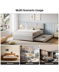 homfan Bed Frame with Trundle, Upholstered Platform Bed Frame, Pull Out Bed with Headboard, Wood Slat Support, for Bedroom