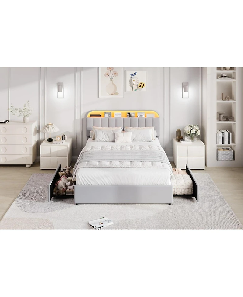 gaomon Bed Frame with Storage Headboard, Kids 2 Drawers, Velvet Upholstered Platform Lights, No Box Spring Needed