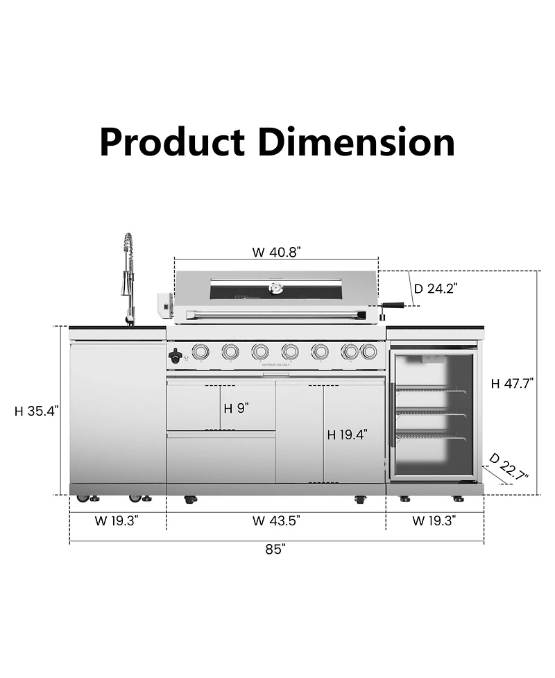 Mondawe 44" 6-Burner 85000 Btu Stainless Steel Outdoor Kitchen Grill Island with Fridge