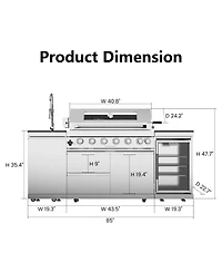 Mondawe 44" 6-Burner 85000 Btu Stainless Steel Outdoor Kitchen Grill Island with Fridge