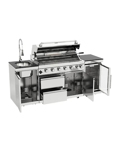 Mondawe 44" 6-Burner 85000 Btu Stainless Steel Outdoor Kitchen Grill Island with Fridge