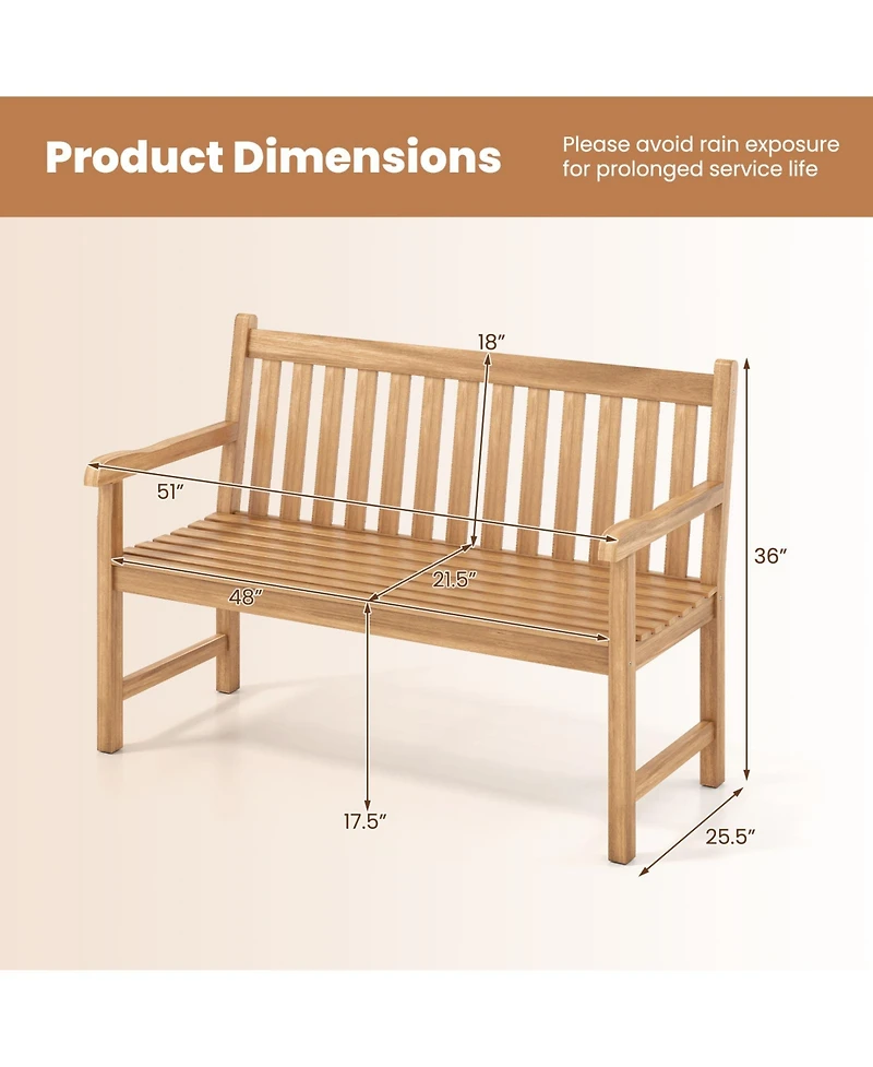 Gymax Teak Porch Bench 2-Person Solid Wood Garden Patio Bench w/ Backrest and Armrests