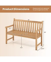 Gymax Teak Porch Bench 2-Person Solid Wood Garden Patio Bench w/ Backrest and Armrests
