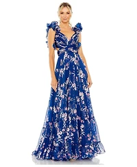 Mac Duggal Women's High Neck Blouson Sleeve Sequin Gown