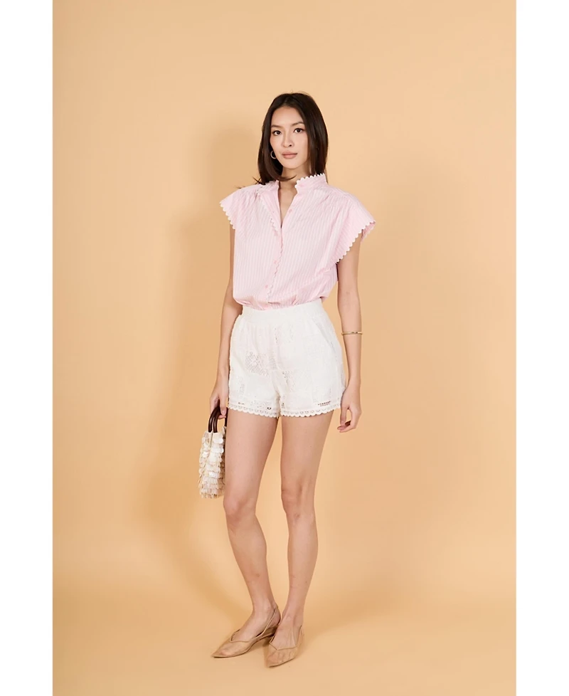 English Factory Women's Striped Ric Rac Detailed Short Sleeve Shirt