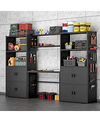 Heavy-Duty Garage Storage and Workstation System w/ Cabinets and Side Pegboards