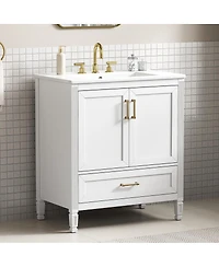 Sillysis Bathroom Vanity with Ceramic Sink, Soft Close Drawer, Solid Wood Legs, Freestanding Modern Cabinet