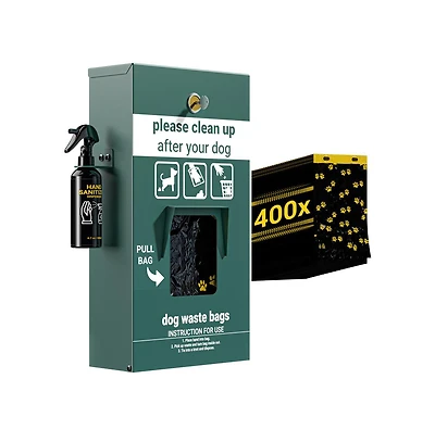 Emma+Oliver Kirk Locking Dog Waste Bag Dispenser With Glow In The Dark Sign, Hand Sanitizer Bottle And Rain Guard