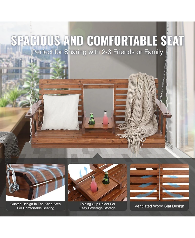 Cozito Wooden Porch Swing with Cup Holders, Steel Chains and Cedar Wood Seat