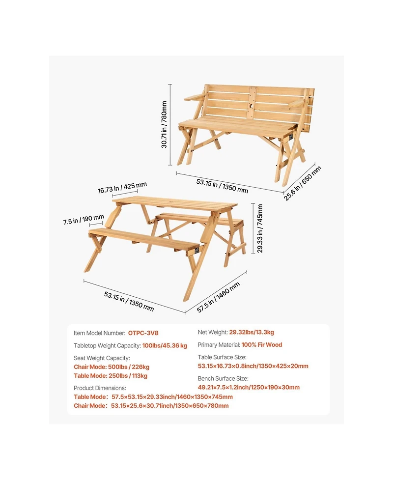 Cozito Transforming Picnic Table and Bench Set with Umbrella Hole