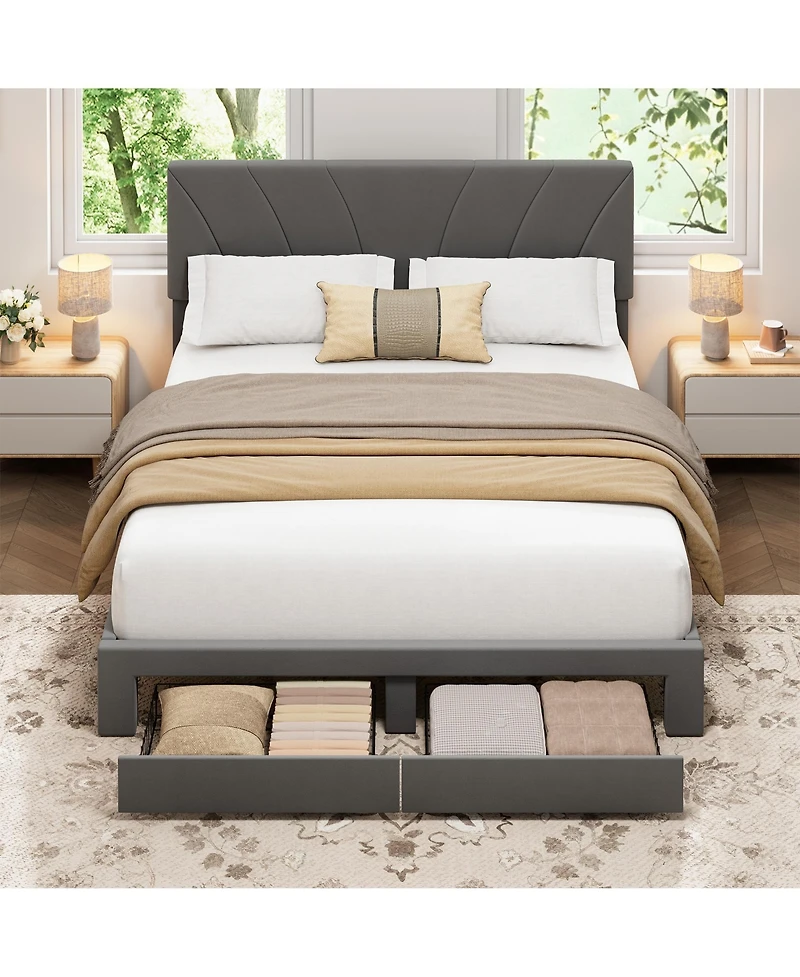gaomon Velvet Upholstered Platform Bed with 2 Storage Drawers – Adjustable Headboard, No Box Spring Needed