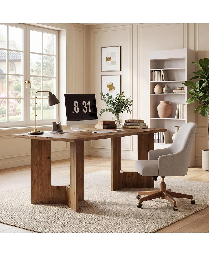 Tribesigns Solid Wood Office Desk, 63 inch Long Large Wood Desks, Farmhouse Executive Computer Desk, Home Office Workstaticon