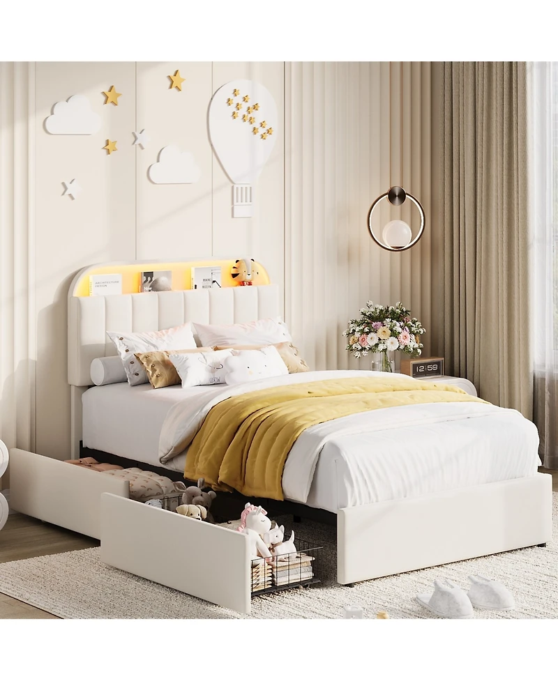 homfan Bed Frame with Storage Headboard and 2 Drawers, Velvet Upholstered Platform Lights, No Box Spring Needed, Easy Assembly