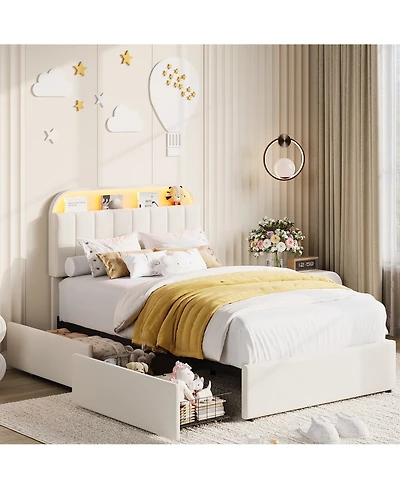 homfan Bed Frame with Storage Headboard and 2 Drawers, Velvet Upholstered Platform Lights, No Box Spring Needed, Easy Assembly