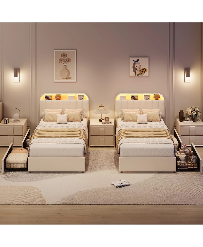 homfan Bed Frame with Storage Headboard and 2 Drawers, Velvet Upholstered Platform Lights, No Box Spring Needed, Easy Assembly