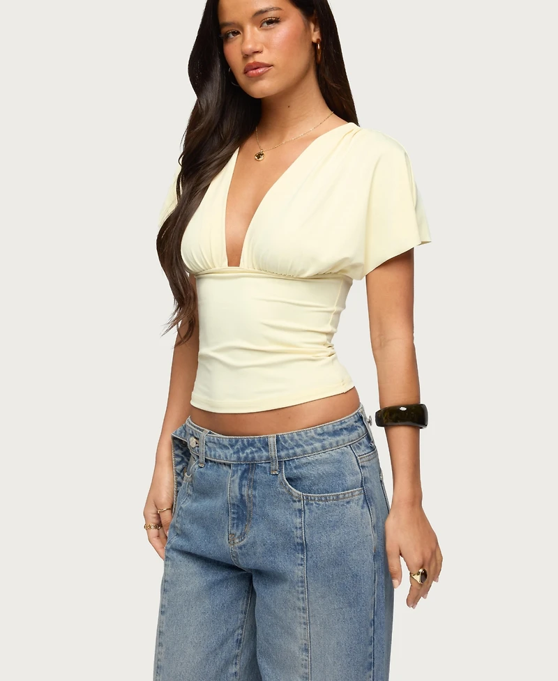 Edikted Womens Flutter Plunging V Neck Top