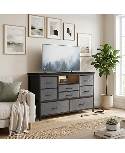 homfan Modern Tv Stand Dresser with Led Lighting and Built-in Charging Station - Durable Storage Chest Deep Drawers for Bedroom Living Room