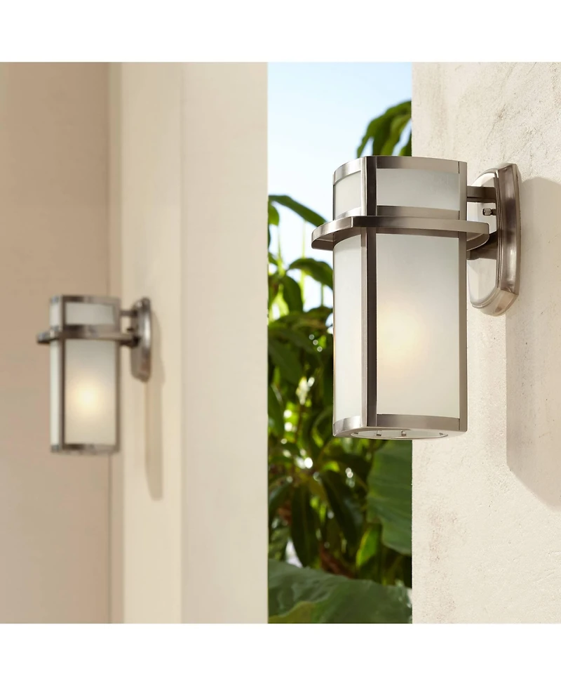 Possini Euro Design Delevan Modern Outdoor Wall Lights Fixture Set of 2 Brushed Nickel Frosted Seedy Glass for Post Exterior Barn Deck House