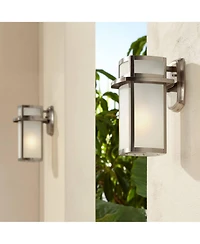 Possini Euro Design Delevan Modern Outdoor Wall Lights Fixture Set of 2 Brushed Nickel Frosted Seedy Glass for Post Exterior Barn Deck House