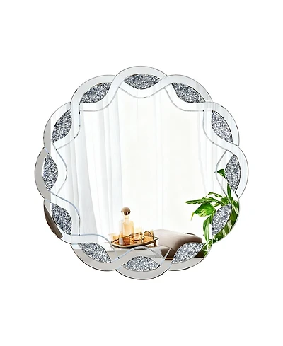 Phying Modern Wave Frame Round Wall Mirror 31.5 Inch Crush Diamond Decorative Mirror Heavy Duty Frame with Hangers for Living Room Bathroom Bedroom