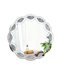 Phying Modern Wave Frame Round Wall Mirror 31.5 Inch Crush Diamond Decorative Mirror Heavy Duty Frame with Hangers for Living Room Bathroom Bedroom