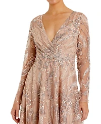 Mac Duggal Women's Floral Embroidered V-Neck Long Sleeve Midi Dress