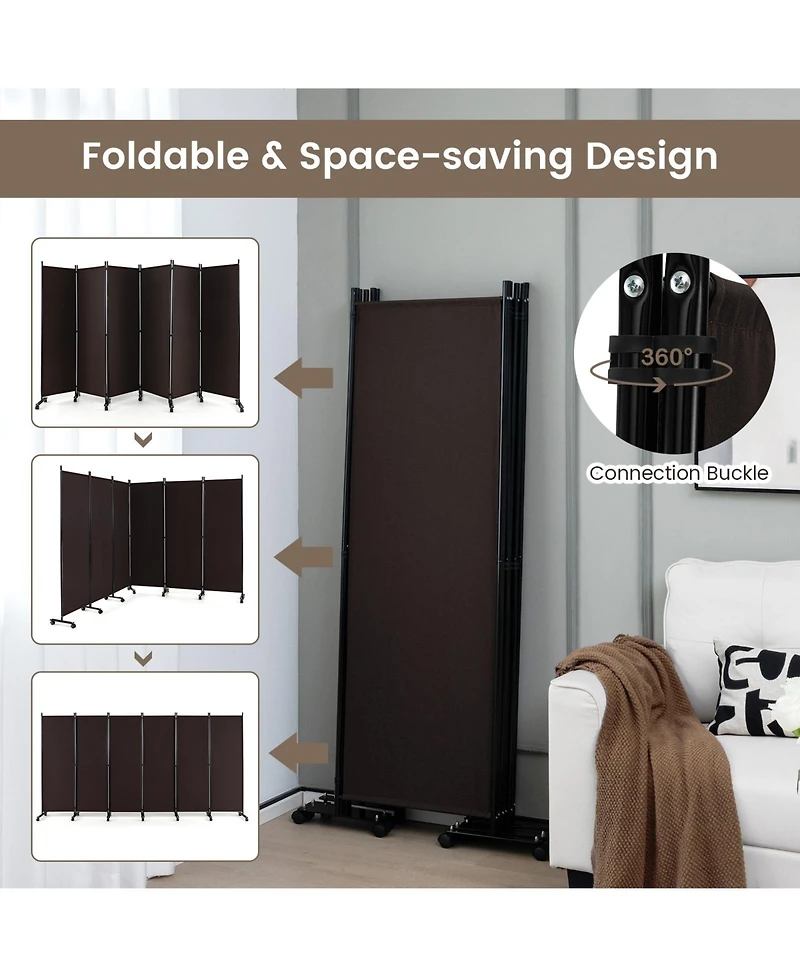 sumyeg 6-Panel Foot Rolling Room Divider with Lockable Wheels for Indoor Privacy
