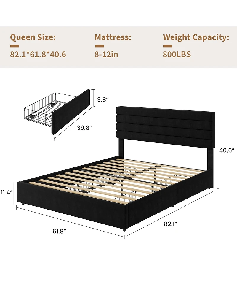 Velvet Bed Frame, Platform with 4 Drawers Tufted Headboard, Upholstered Bed, No Box Spring Needed