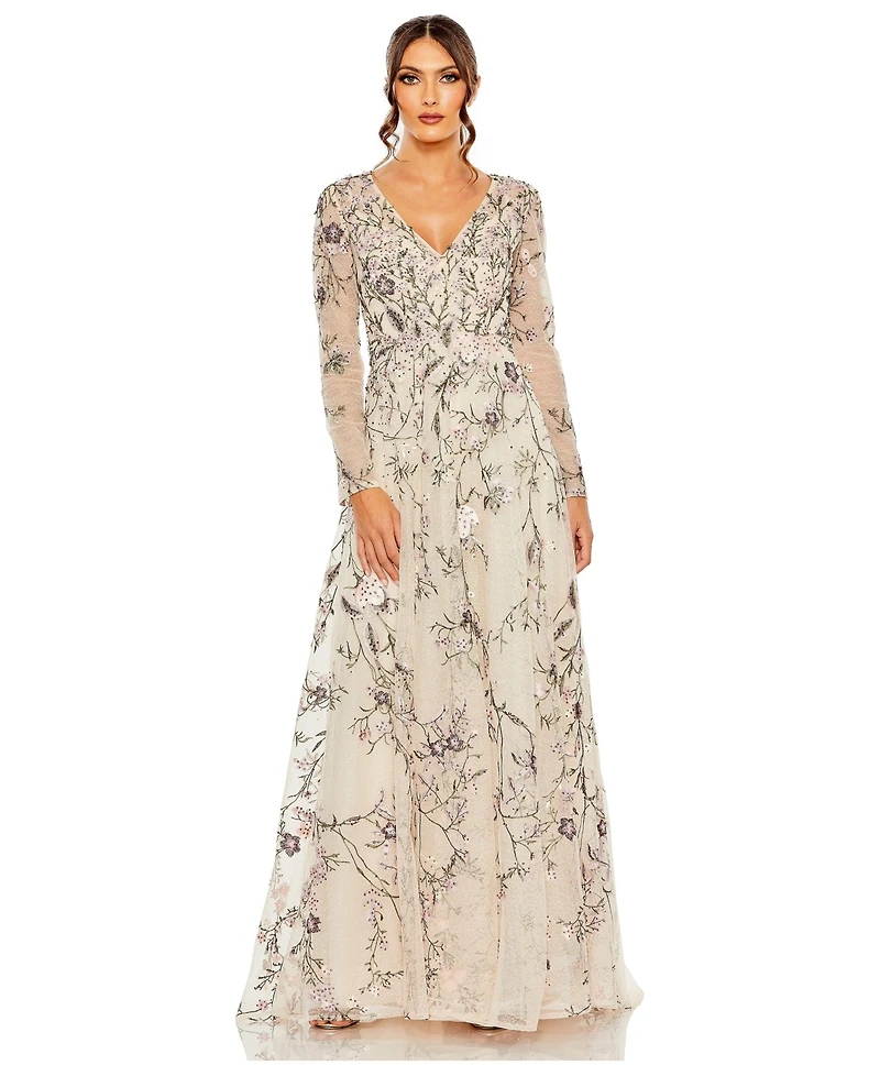 Mac Duggal Women's V Neck Long Sleeve Embroidered A Line Gown