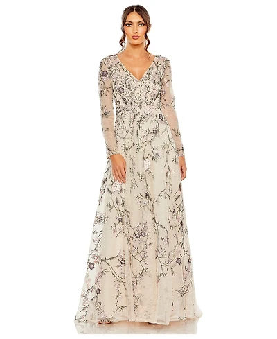 Mac Duggal Women's V Neck Long Sleeve Embroidered A Line Gown