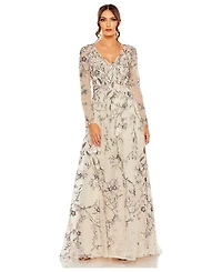 Mac Duggal Women's V Neck Long Sleeve Embroidered A Line Gown