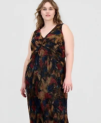 Connected Plus Metallic-Print Twist-Front Sleeveless Dress
