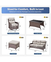 Pocassy 6 Pieces Outdoor Furniture Set Wicker Sofa with Swivel Rocking Chairs,Patio Ottomans,Outdoor Coffee Table