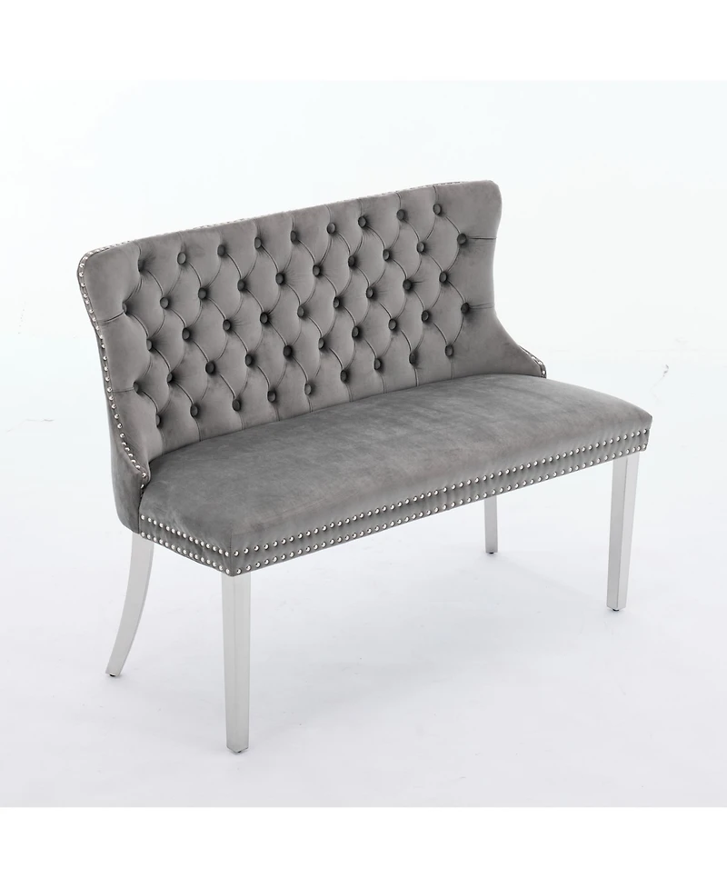 Flynama Velvet Tufted Dining Bench with Silver Legs