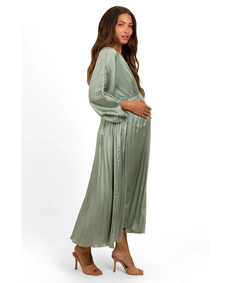 Pinkblush Maternity Mauve Satin Pleated V-Neck Maxi Dress